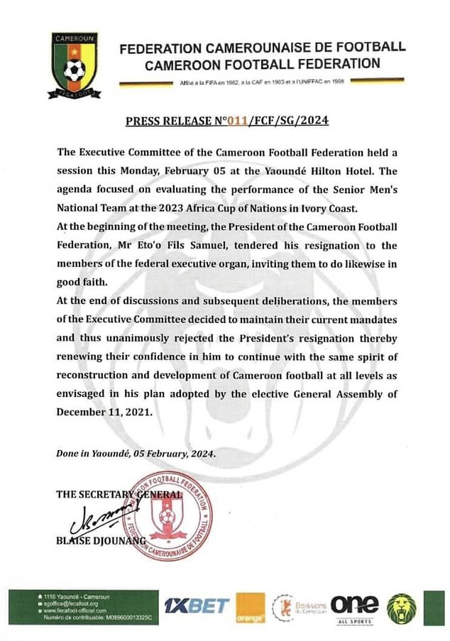 Der kamerunische Fußballverband erklärte in einer Erklärung, er habe Eto'os Rücktritt abgelehnt