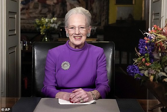 FILE - Queen Margrethe II smiles as she delivers a New Year's speech and announces her abdication from Christian IX's Palace, Amalienborg Castle, in Copenhagen, Sunday, Dec. 31 2023. Queen Margrethe II, Denmark's monarch for more than half a century, stunned her country when she announced on New Year's Eve that she will hand over the throne to her eldest son, Crown Prince Frederik, on Jan. 14, 2024. It's the first time a Danish monarch has stepped down voluntarily in nearly 900 years. (Keld Navntoft/Ritzau Scanpix via AP, File)