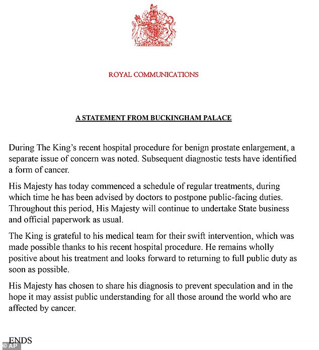 Die vom Buckingham Palace veröffentlichte Erklärung enthüllt, dass König Charles wegen Krebs behandelt wird