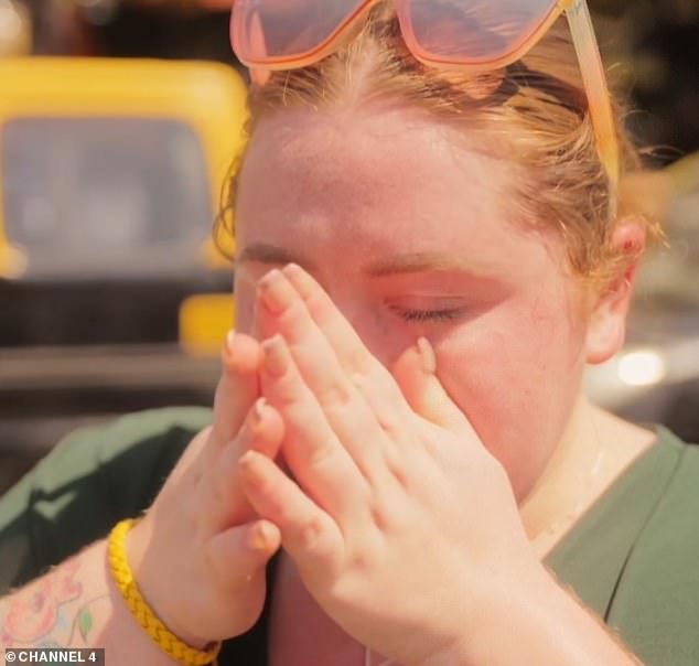 This is the emotional moment Around the World in 80 Weighs contestant Tiffany, 24, (pictured) broke down in tears after witnessing a young child beg for food on the streets of Mumbai