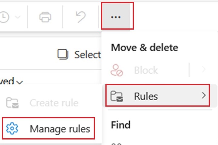 Auswahl der Option „Regeln verwalten“ in Outlook im Web.