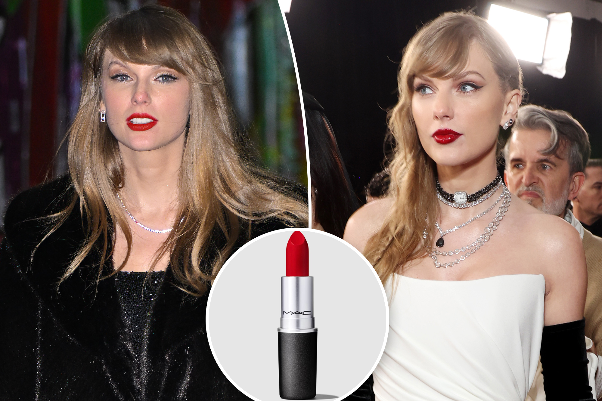 Ein Split von zwei Taylor-Swift-Fotos mit rotem Lippenstift