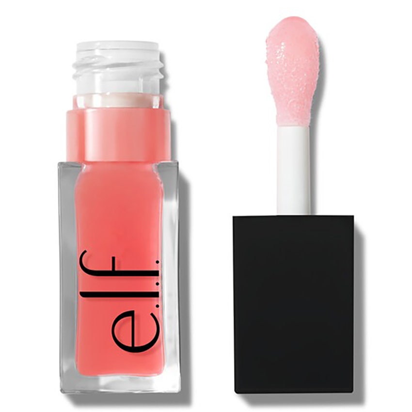 ELF Glow Reviver Lip Oil, rechteckiges Fläschchen mit pfirsichfarbenem Lippenöl mit schwarzer Kappe und Stift an der Seite auf weißem Hintergrund