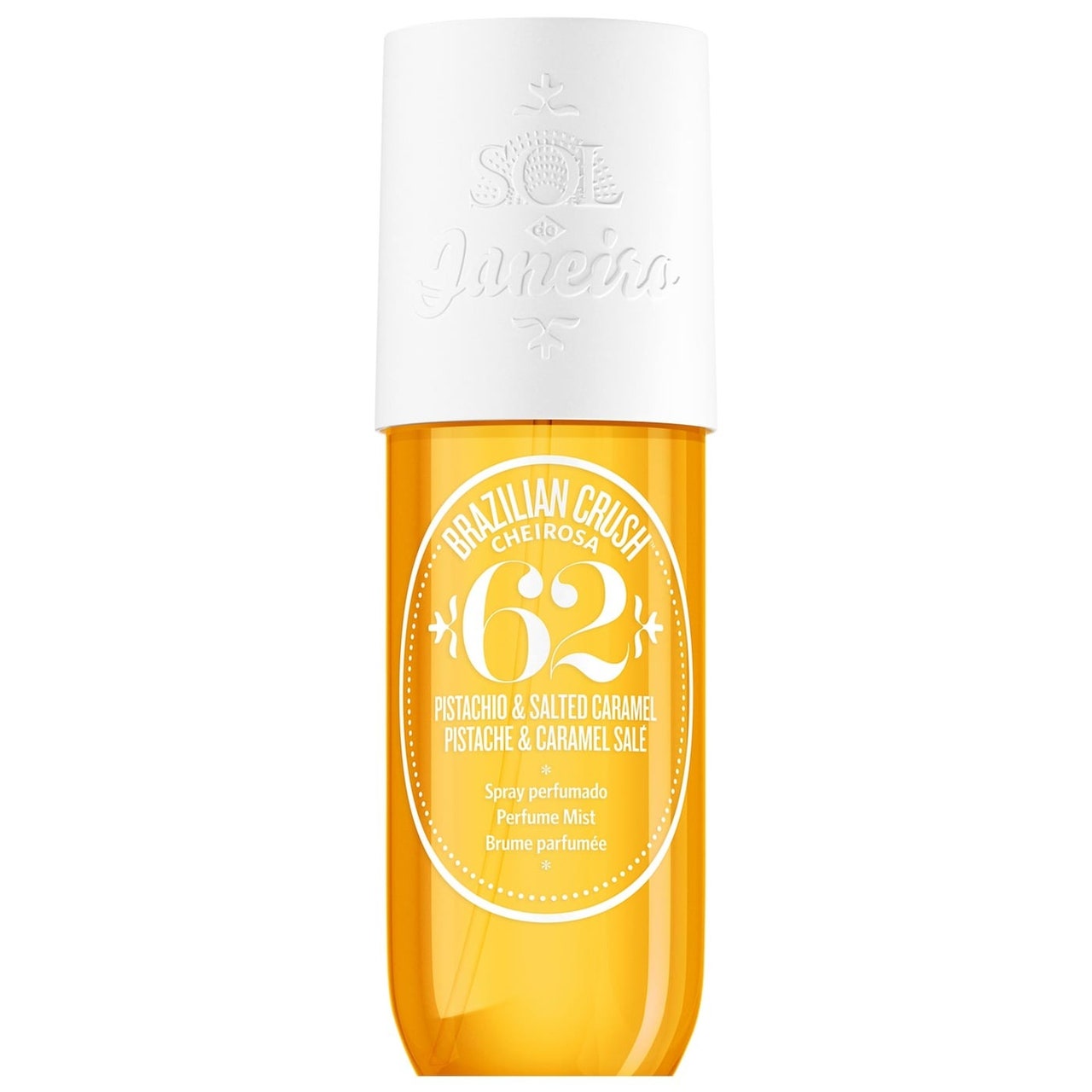 Sol de Janeiro Brazilian Crush Cheirosa '62 Perfume Mist, gelbe Sprühflasche mit Körperspray und weißer Kappe auf weißem Hintergrund