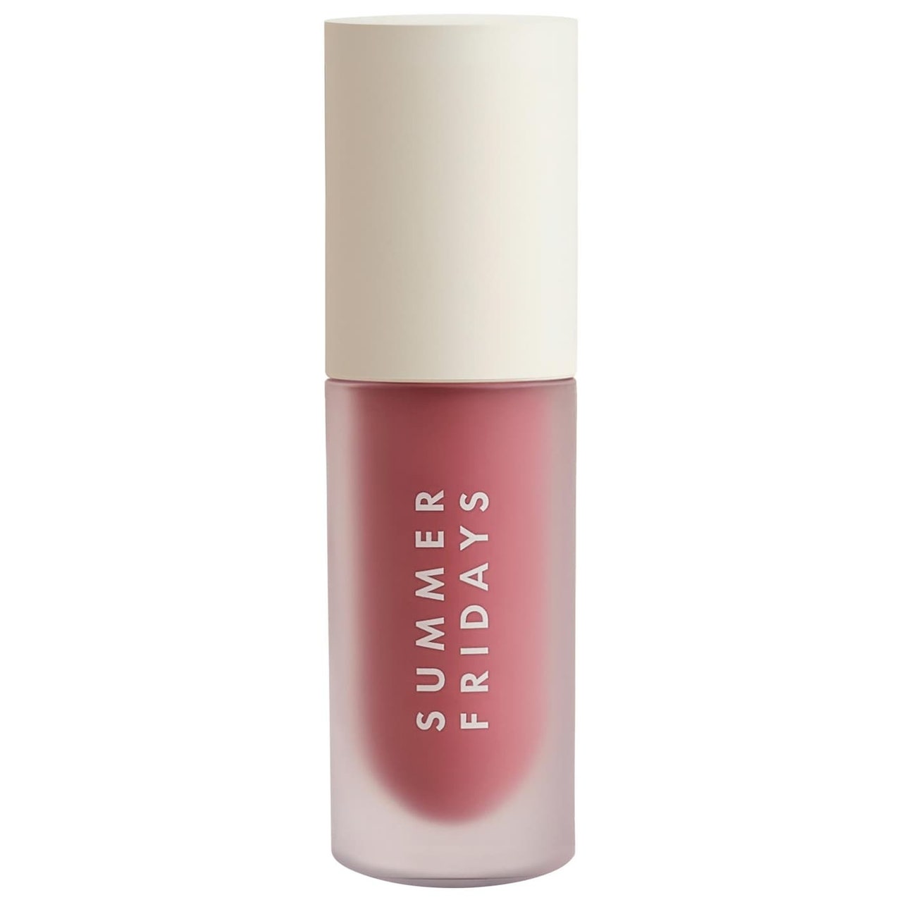 Summer Fridays Dream Lip Oil Fläschchen mit rosa Lippenöl mit cremefarbener Kappe auf weißem Hintergrund