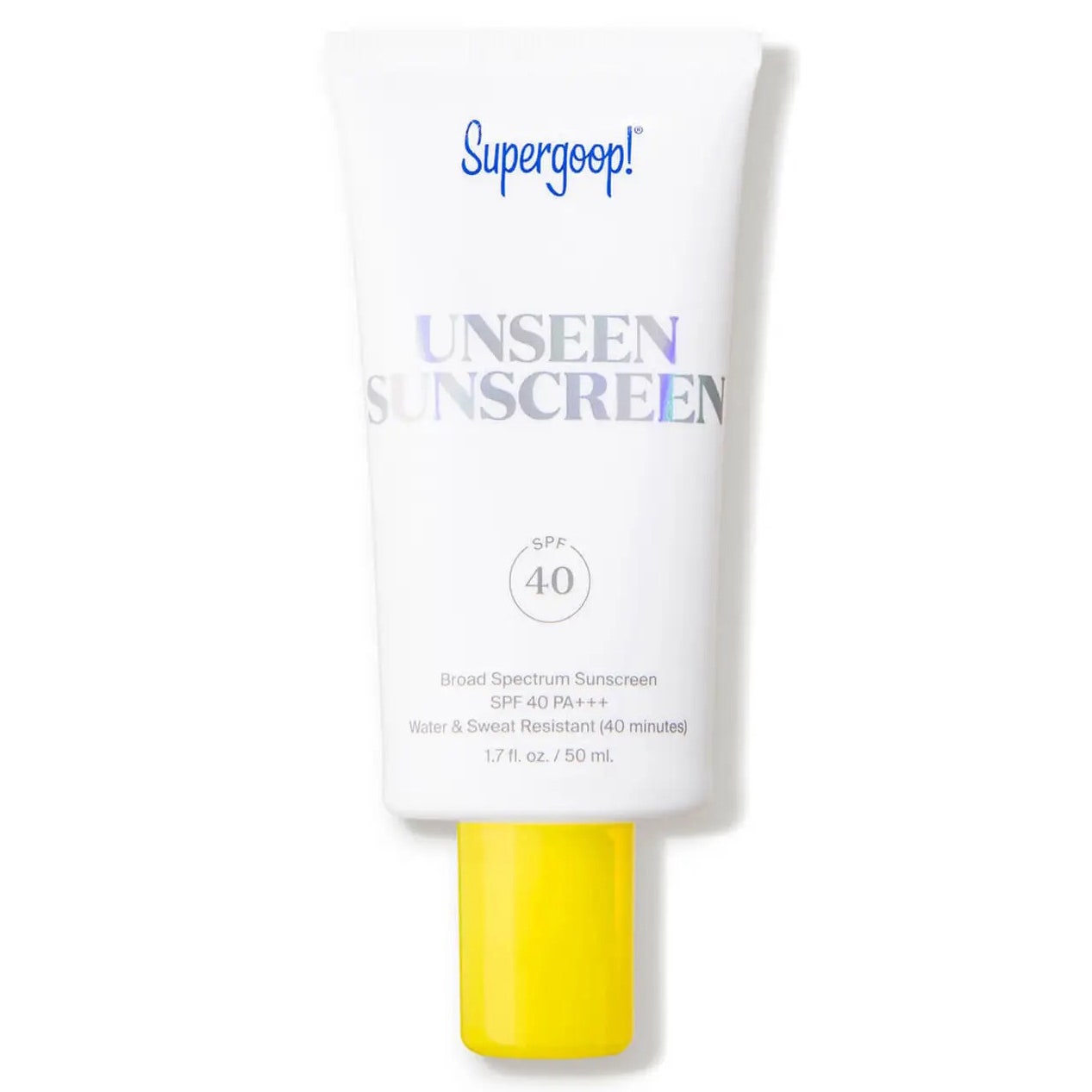 Supergoop Unseen Sunscreen SPF 40 flache weiße Tube mit gelber Kappe auf weißem Hintergrund