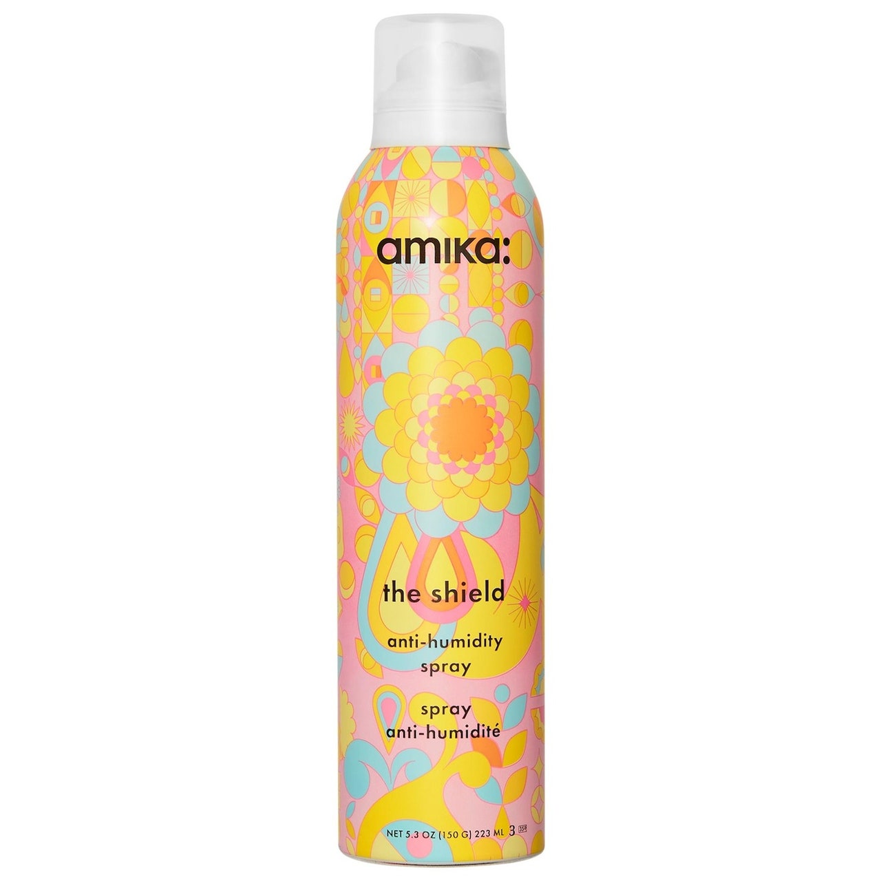 Amika The Shield Anti-Feuchtigkeitsspray Sprühdose mit psychedelischem orangefarbenem Blumendruck auf weißem Hintergrund