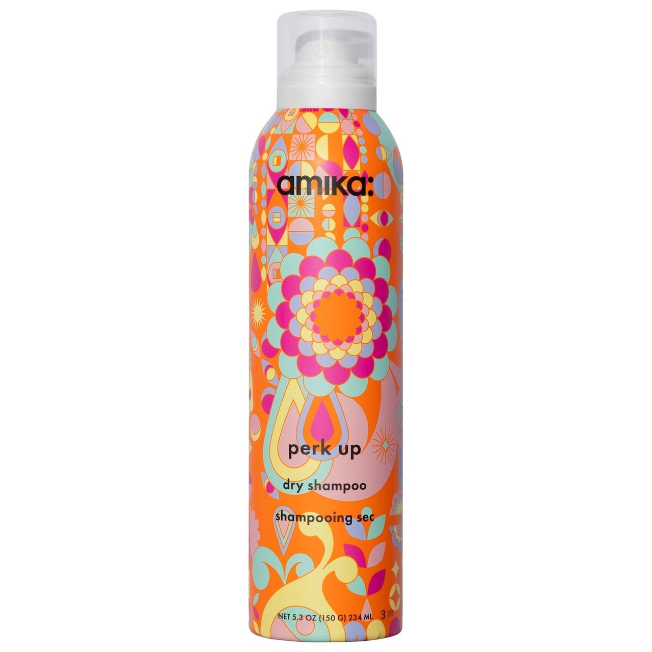 Amika Perk Up Dry Shampoo orangefarbener psychedelischer Blumendruck-Sprühbehälter mit Trockenshampoo auf weißem Hintergrund