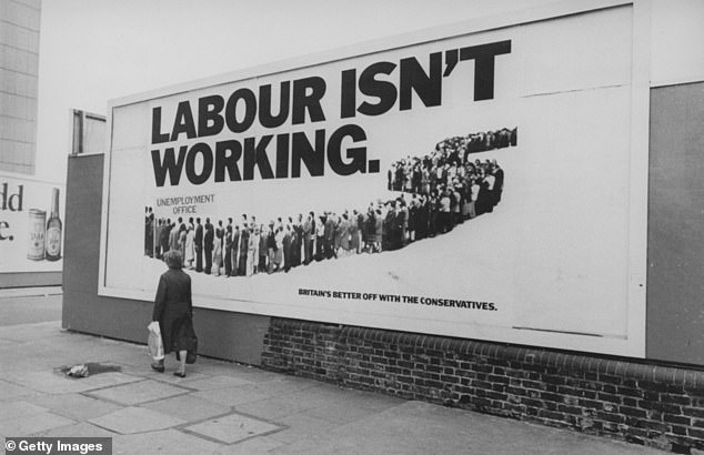 Playing on the Government's record on unemployment, the poster showed a snaking queue of people waiting to collect government benefits outside an unemployment office, beneath the phrase 'Labour Isn't Working'