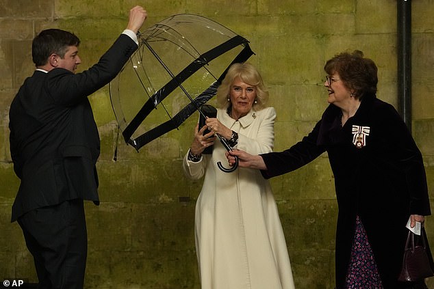 The royal, 76, handed her umbrella to an aide before going inside the venue