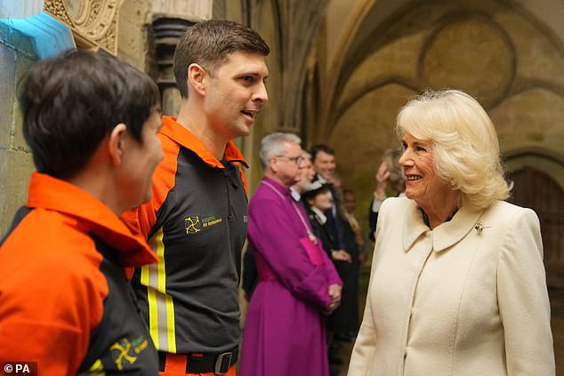 Camilla was greeted by a fanfare, before speaking to members of the Wiltshire Air Ambulance once inside the cathedral