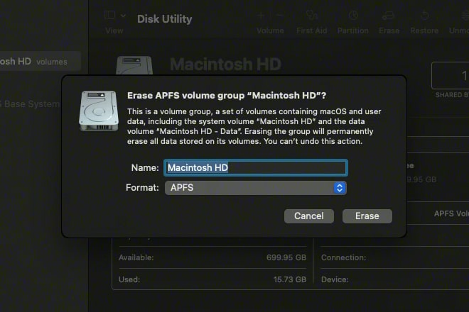 Das Festplatten-Dienstprogramm von Apple zeigt eine Option zum Löschen des Macintosh HD-Laufwerks an.