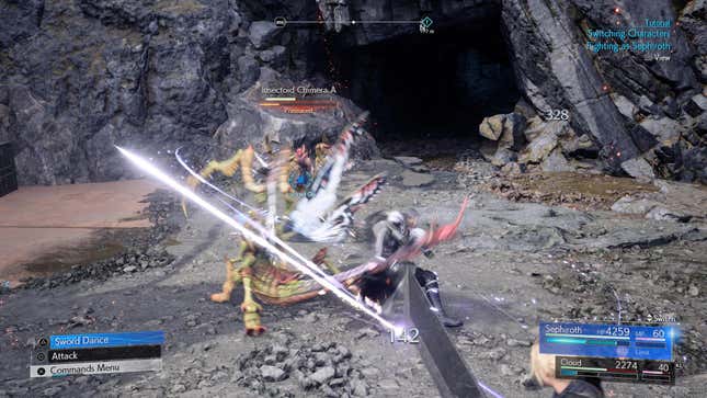 Ein Vergleichs-Screenshot zeigt das Kampfmenü in Final Fantasy VII Rebirth ein- und ausgeschaltet.