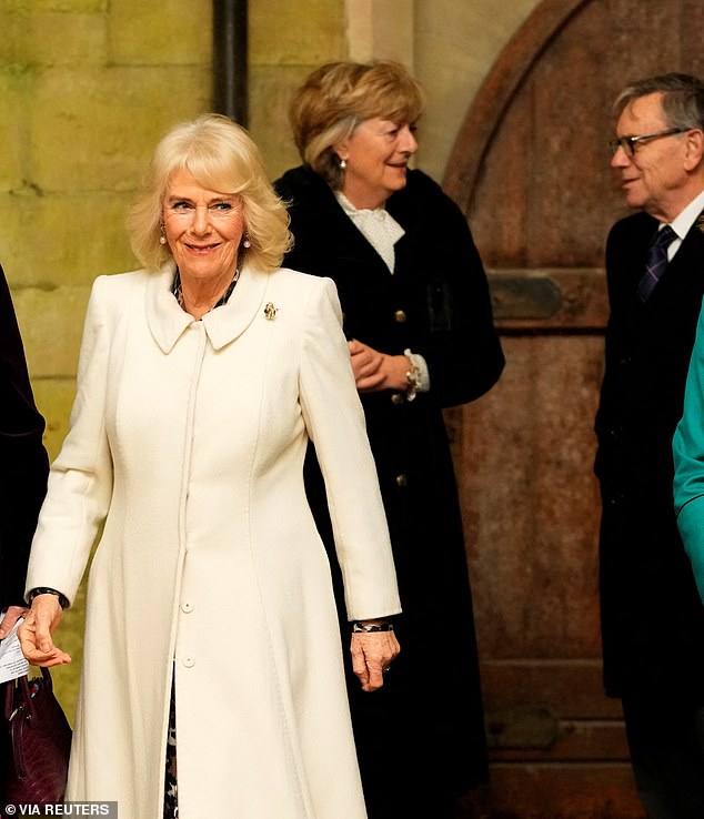 Queen Camilla was also supported by her close friend the Marchioness of Lansdowne, Fiona Petty-Fitzmaurice (centre) during the Queen's first public engagement since the King's cancer diagnosis was revealed