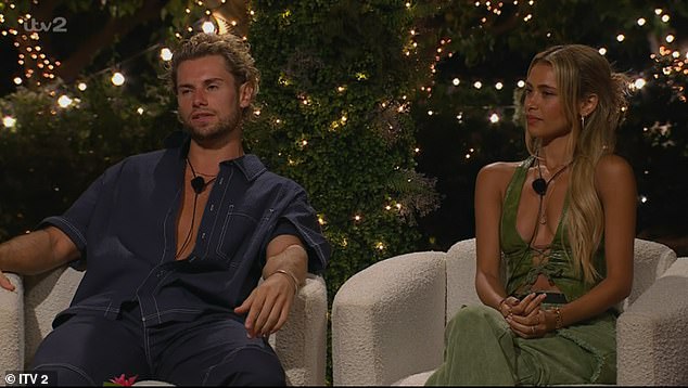 Joe and Joanna found themselves at risk alongside Chris, Arabella, Casey O'Gorman and the twins, Jess and Eve Gale after being voted least compatible by their fellow Islanders (Joe and Joanna pictured during their exit interview)