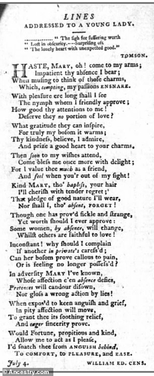 In diesem Ausschnitt aus dem Jahr 1796 ist ein Mann namens William Ed.  Cens thematisiert das Objekt seiner Begierde, Maria, in einem selbst verfassten Gedicht