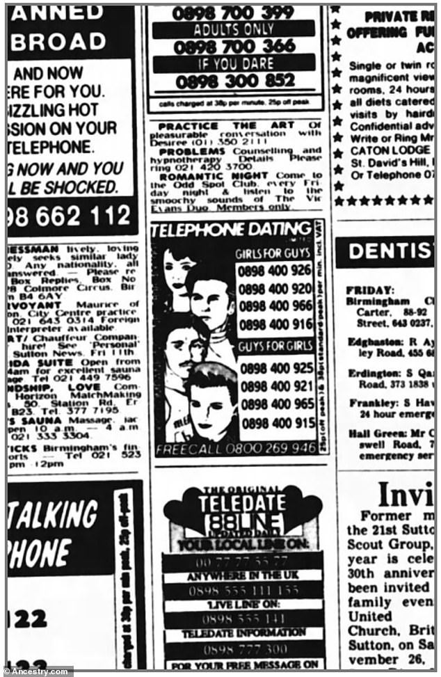 „Erwachsene nur, wenn Sie sich trauen“: In dieser Ausgabe der Sandwell Evening Mail aus dem Jahr 1988 sind in Kleinanzeigen Nummern für Telefon-Dating aufgeführt