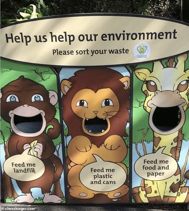 Anderswo, im Wellington Zoo in Neuseeland, sehen diese Mülleimer so aus, als würden sie Kindern beibringen, dass Tiere gerne mit Müll gefüttert werden