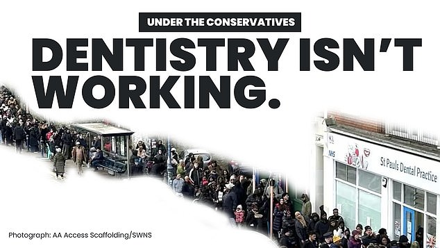 In der neuen Labour-Werbung mit der Überschrift „Zahnmedizin funktioniert nicht“ sind Schlangen potenzieller Patienten zu sehen, die darauf warten, sich in der neu eröffneten NHS-Zahnarztpraxis in Bristol anzumelden