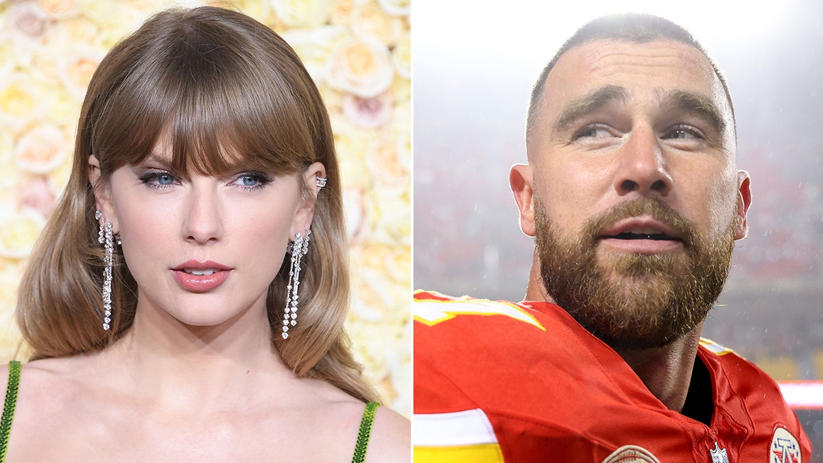 Taylor Swift blickt bei den Golden Globes in einem grünen, glitzernden Kleid leicht nach unten in die Kamera, während Travis Kelce in einem roten Chiefs-Trikot auf dem Spielfeld nach oben blickt