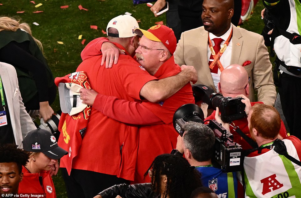 Kansas City Chiefs coach Andy Reid celebrates after winning his third Super Bowl with the team