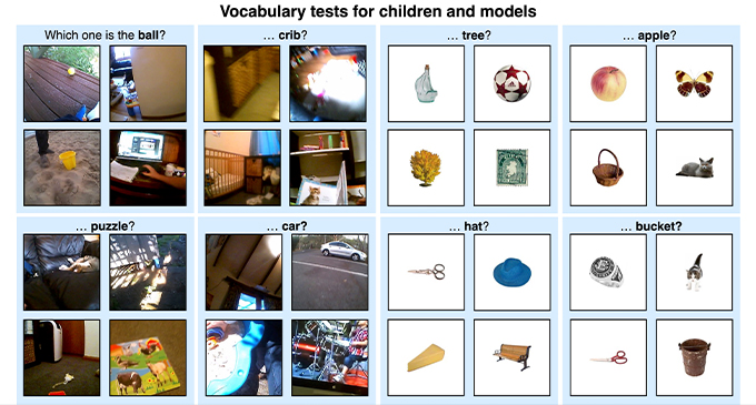 A series of 16 everyday objects in video stills on the left, including ball and crib, and 16 images on the right, including tree and apple, show how the AI model's vocabulary was tested.