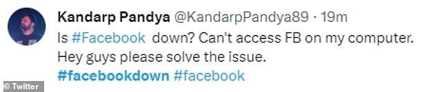 Ein Benutzer twitterte: „Ist Facebook down?“  Ich kann auf meinem Computer nicht auf FB zugreifen.  Hallo Leute, bitte löst das Problem.