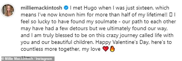 Millie schrieb: „Ich habe Hugo kennengelernt, als ich gerade sechzehn war, was bedeutet, dass ich ihn jetzt seit mehr als der Hälfte meines Lebens kenne!!  Ich bin so glücklich, meinen Seelenverwandten gefunden zu haben.