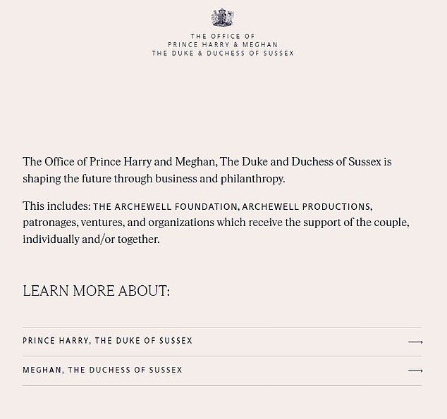 Their 'About' page reads: 'The Office of Prince Harry and Meghan, The Duke and Duchess of Sussex is shaping the future through business and philanthropy'