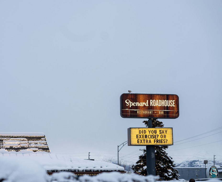 Bild des weißen Raben, der auf dem Spenard Roadhouse-Schild in Anchorage sitzt