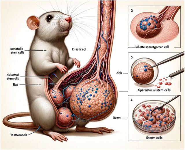 KI-generierte Abbildung 1 des Papiers.  Dieses Bild soll Spermatogonialstammzellen zeigen, die aus Rattenhoden isoliert, gereinigt und kultiviert wurden.