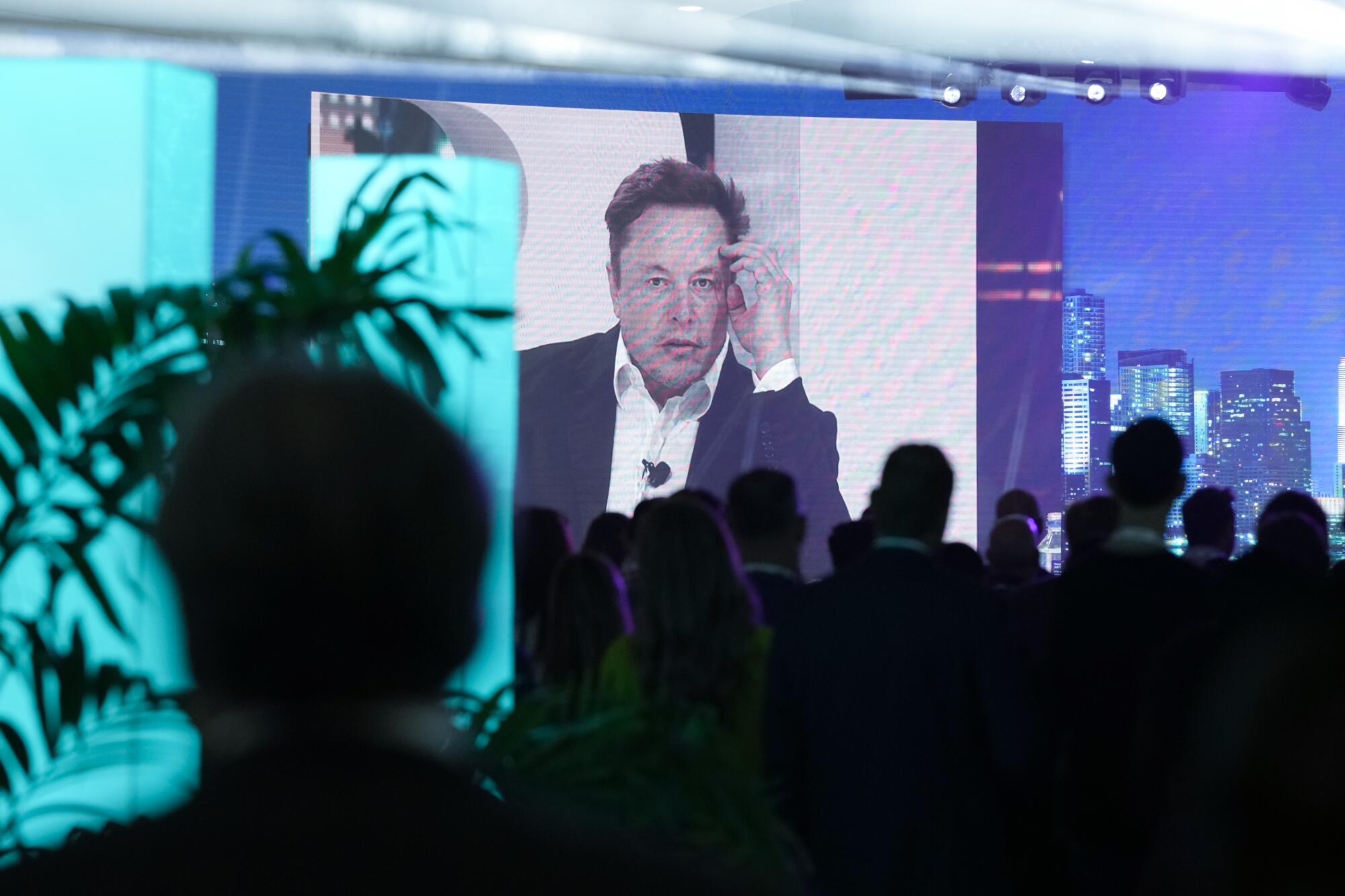 Elon Musk wird auf einem Bildschirm übertragen.