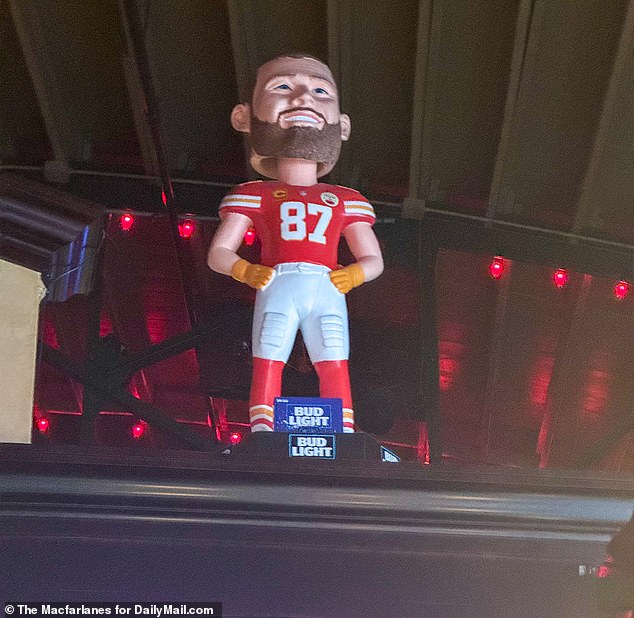 There is a figurine of Kelce in his No. 87 Chiefs jersey inside the restaurant