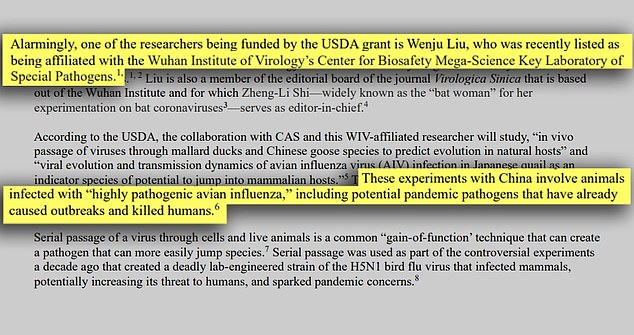 Eine der vom USDA geförderten Forscher ist Wenju Liu, die dem WIV angeschlossen und Vorstandsmitglied einer wissenschaftlichen Zeitschrift ist und mit Zheng-Li Shi zusammenarbeitet, die aufgrund ihrer umfangreichen Arbeit als „Fledermausdame“ ​​bekannt ist zu Fledermaus-Coronaviren