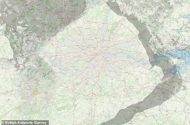 Um einen Eindruck vom Maßstab zu vermitteln, zeigt dieses Bild die Fläche des Eisbergs über einer Karte des Großraums London