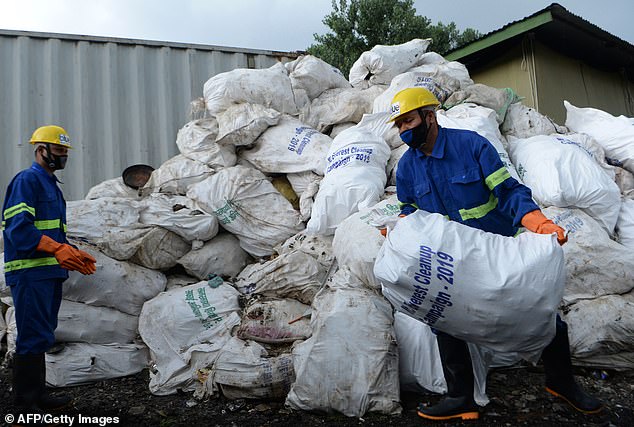 Mountain geographer Dr Byers told MailOnline that the waste collected on Mount Everest (pictured) is only part of the problem. The real issue is the hundreds of tonnes generated by the tourism industry that end up dumped into landfills and contaminating the area