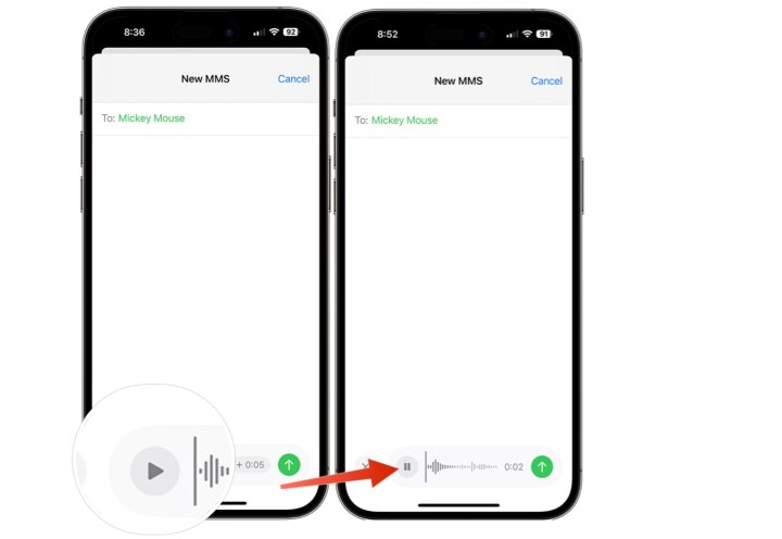 Screenshot, der zeigt, wie man eine Audiodatei über die Nachrichten-App auf dem iPhone anhört.