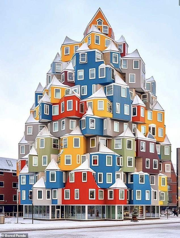 Ein anderer Architekt in Amsterdam hat farbenfrohe Holzhäuser entworfen, die wie aus einem Zeichentrickfilm aussehen