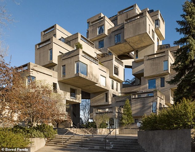 An anderer Stelle, in Montreal, Kanada, wurde 1967 ein Wohnkomplex gebaut, um natürliches Licht in alle vier Seiten der Wohnung zu lassen, sieht jedoch eher nach sowjetischer Architektur aus