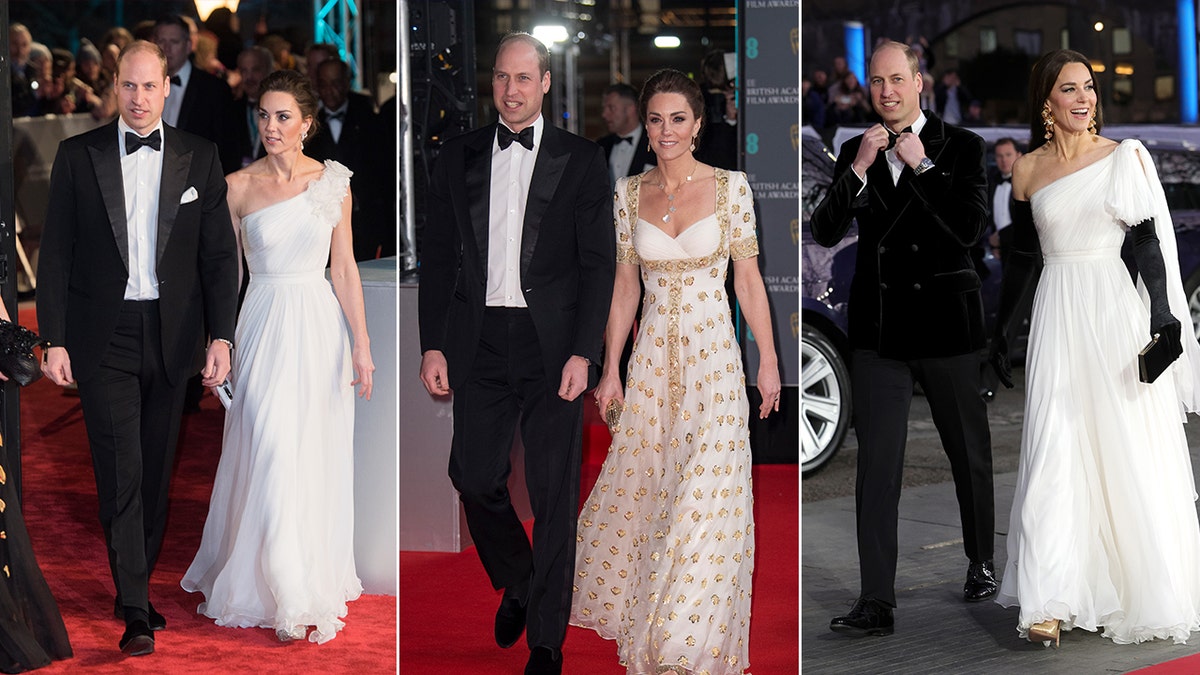 Prinz William geht im Smoking mit Kate Middleton in einem weißen Kleid zum BAFTA-Split 2019. Prinz William im Smoking geht neben Kate Middleton in einem weiß-goldenen Kleid beim BAFTA-Split 2020. Prinz William trägt einen Smoking und Kate Middleton einen weißen -Schulterkleid mit schwarzen Handschuhen bei den BAFTAs 2023