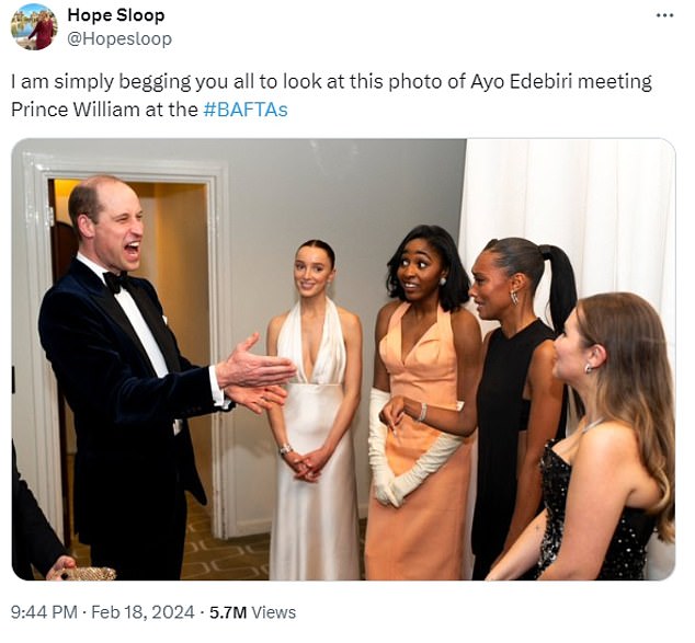 Auf Twitter waren die Fans begeistert von dem Schnappschuss, als ein Account den Schnappschuss mit der Überschrift teilte: „Ich flehe euch alle einfach an, euch dieses Foto anzusehen, auf dem Ayo Edebiri Prinz William bei den #BAFTAs trifft.“