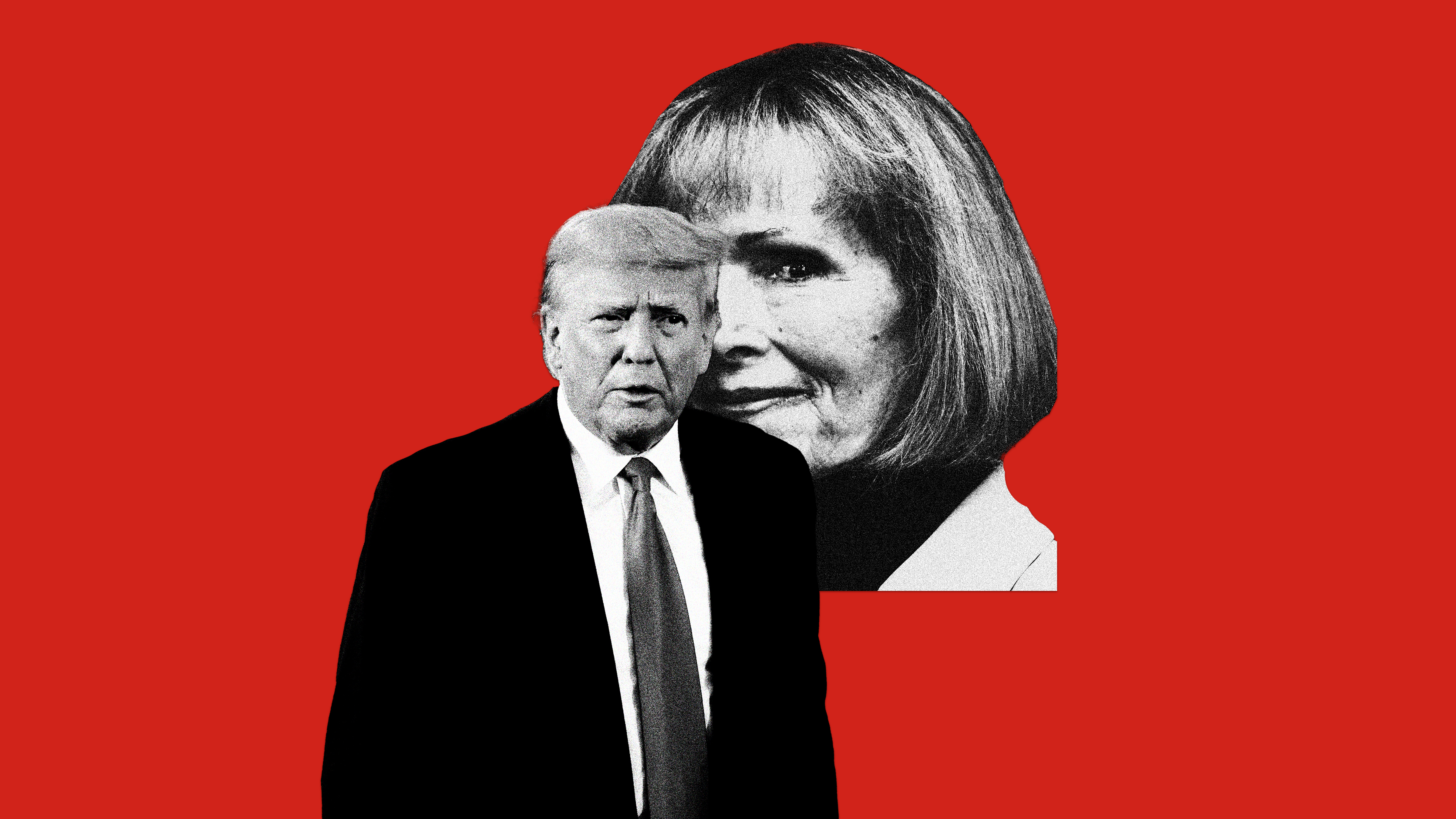 Ausgeschnittene Schwarz-Weiß-Bilder von Donald Trump und E. Jean Carroll auf rotem Hintergrund