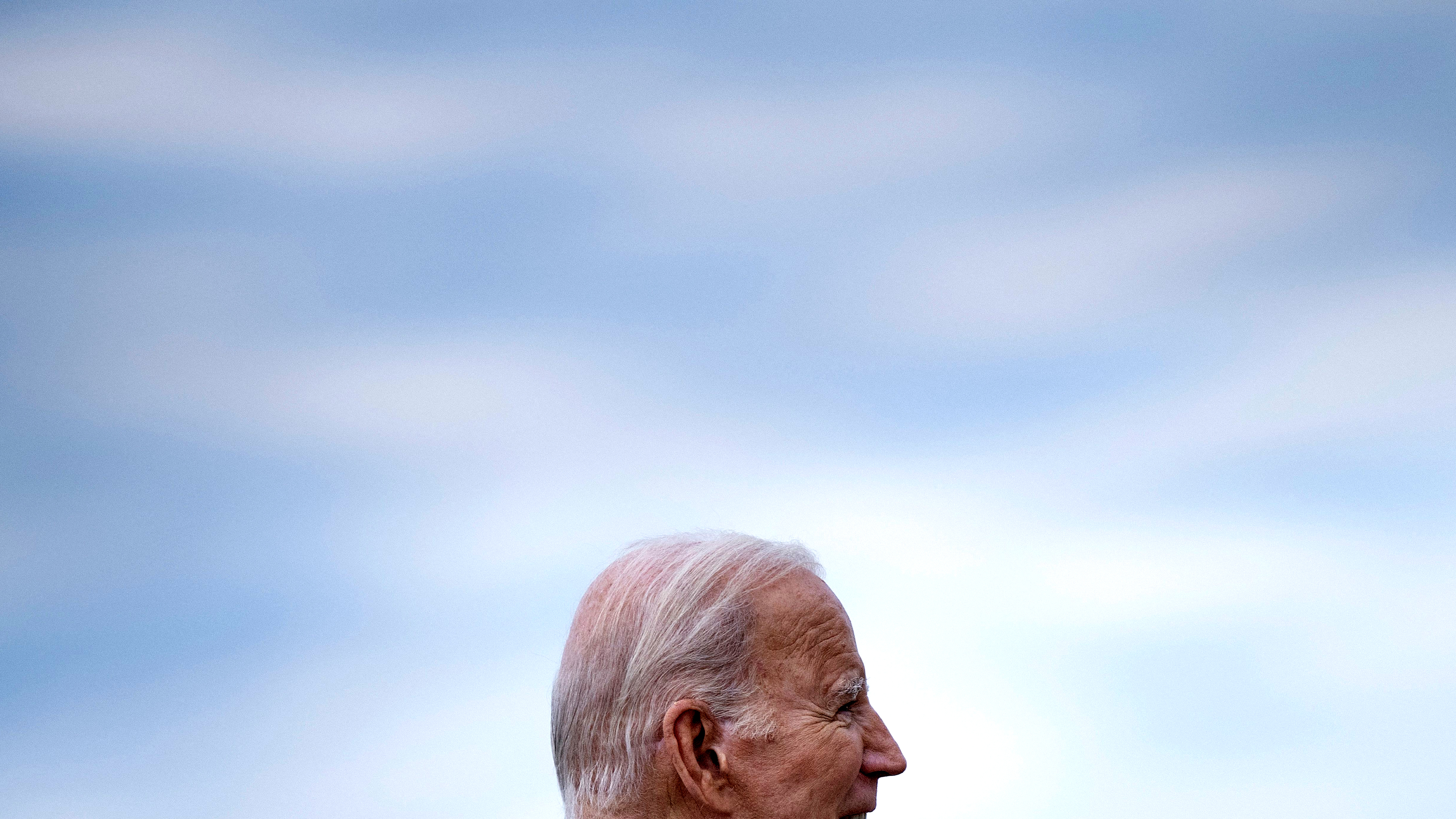 Ein Foto von Joe Bidens Kopf im Profil vor einem dunstigen blauen Himmel