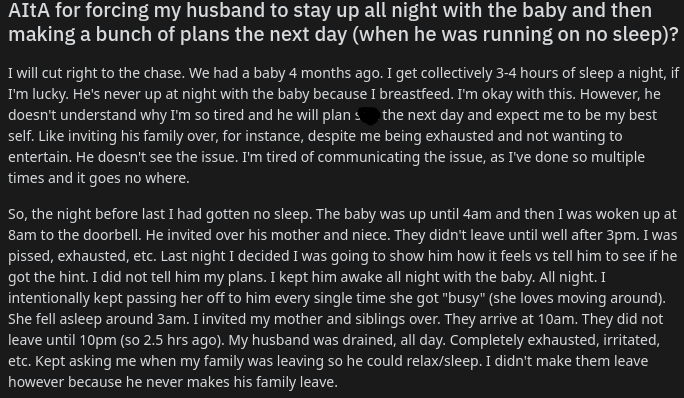 AITA: Frau zwingt Ehemann, wach zu bleiben und sich um das Baby zu kümmern