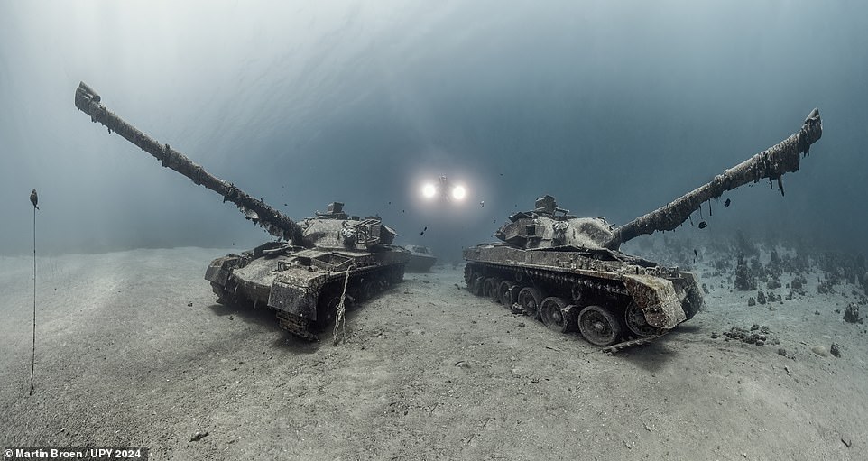 Topping the podium in the 'Wrecks' category, this eerie image by U.S photographer Martin Broen shows tanks 'sunk in 15m [49ft] to 28m [91ft] of water' in the underwater military museum of Aqaba, Jordan. 'In today’s troubled times, it is uplifting to see the apparatus of war put to peaceful use,' judges commented