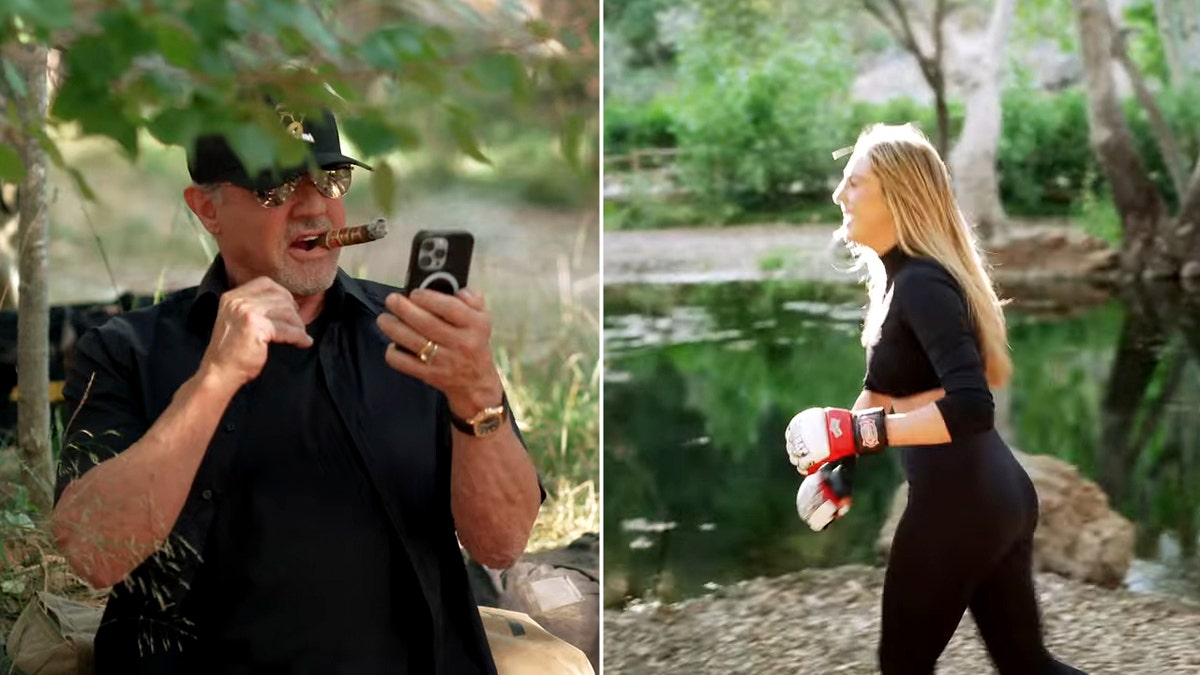 Geteilter Bildschirm von Sylvester Stallone und Sophia Stallone