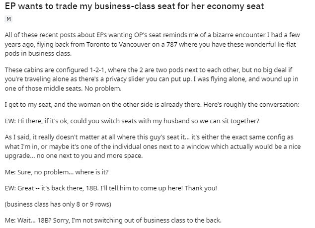Der fassungslose Reisende erläuterte die Geschichte auf Reddit ausführlich und sagte, der Vorfall habe sich während eines fünfstündigen Fluges mit einem Boeing 787 Dreamliner von Toronto nach Vancouver ereignet