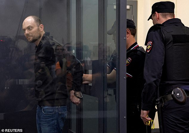 Prominent opposition figure Vladimir Kara-Murza survived what he believes were attempts to poison him in 2015 and 2017. Pictured: Kara-Murza is handcuffed during an appeal hearing in Moscow, July 31, 2023