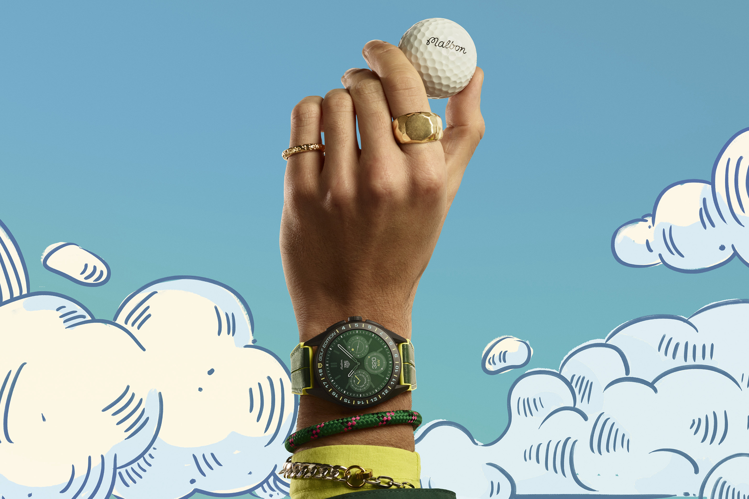 Ein Werbebild für die Tag Heuer Connected Calibre E4 x Malbon Golfuhr.