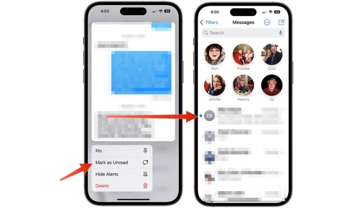 Screenshot, der zeigt, wie man eine Nachricht auf dem iPhone als ungelesen vermarktet.